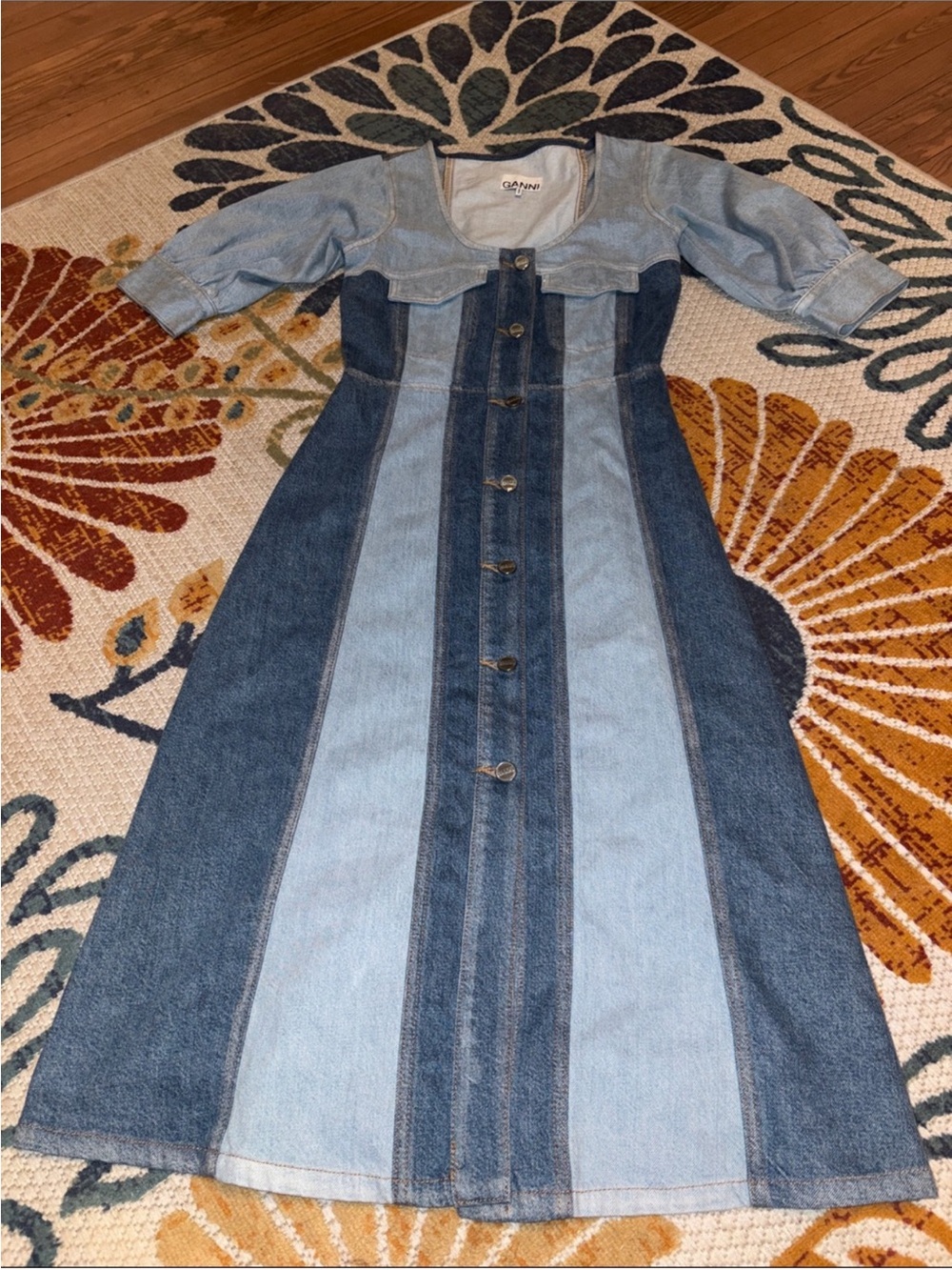 Ganni Two-Tone Denim Midi Dress in Light and Dark Blue size 34